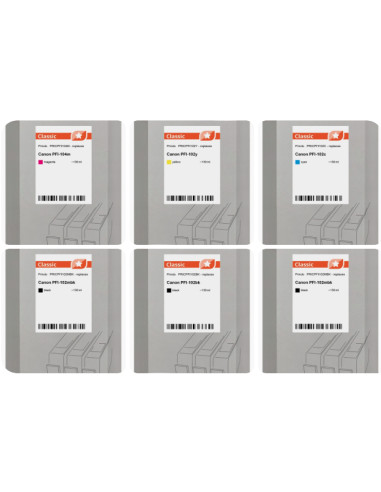 PFI-102 et PFI-104M Pack de 6 cartouches Compatibles Canon 130ml